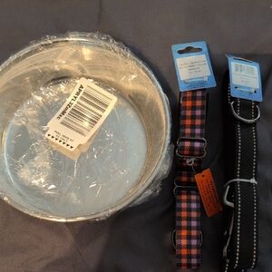 Stylish Orange and Black Martingale Dog Collar,Black Leash.Plus Pet Food Bowl.